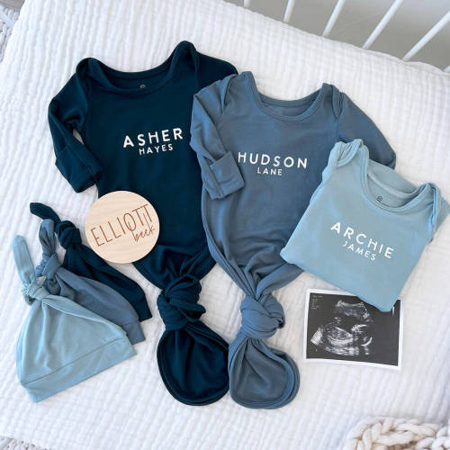 Personalized Bamboo Newborn Baby Knot Gown | River Blues - Block