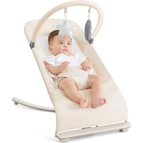 3-in-1 Portable Baby Bouncer & Rocker Chair for Newborn to Toddler - 4 Adjustable Recline Positions, Breathable Cotton Fabric, Natural Vibration, Supports Up to 33 lbs (Oatmeal Khaki)