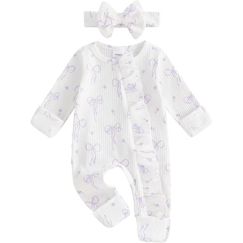 allshope Newborn Baby Girl Fall Outfit Bow Print Long Sleeve Full Length Zipper Front Ribbed Jumpsuit Infant Clothes