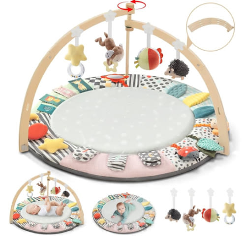 Baby Play Mat Activity Gym,6 Developmental Zones Tummy Time Mat, Foldable Wooden Baby Play Gym with 7 Detachable Sensory Toys for Newborn Brain Development, Essential Baby Shower Set