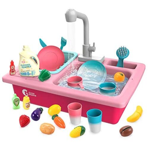 CUTE STONE Play Kitchen Sink Toys,Electric Dishwasher Playing Toy with Running Water,Upgraded Automatic Faucets and Color Changing Accessories, Role Play Sink Set Gifts for Kids Boys Girls Toddler