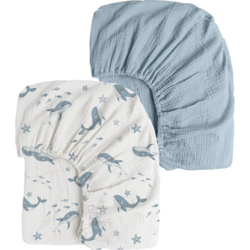 Konssy Muslin Crib Sheets 2 PCS, 100% Cotton Baby Crib Sheets for Standard Crib Mattress (28"x 52"), Soft and Breathable for Boys, Girls (Blue Whale,Blue)