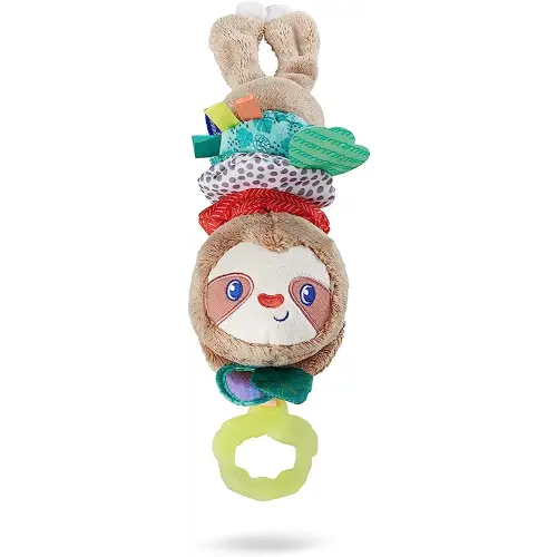 Infantino Music & Motion Pulldown Sloth - Musical Plush Sloth with Multi-Textured teether for Tactile Exploration, Easily attaches to Strollers and Gyms, BPA-Free