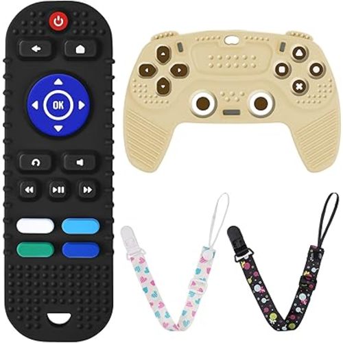 2PCS Silicone Baby Teething Toys, Remote Control Shape Teething Toys and Game Controller Teether Toy with 2PCS Pacifier Clip, BPA Free Silicone Remote Teether for Baby 3+ Months,Frozen(Black&Beige)