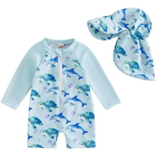 Toddler Baby Boy Girls One Piece Swimsuit Long Sleeve Zipper Bathing Suit with Hat Infant Rash Guard Swimwear