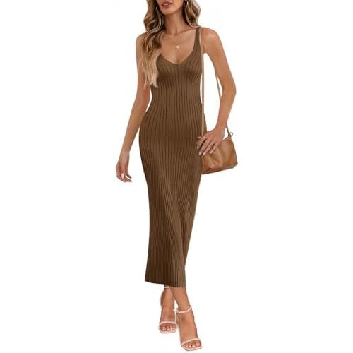 MEROKEETY Womens Summer Bodycon Knit Midi Dress 2026 Deep V Neck Sleeveless Baby Shower Vacation Ribbed Long Sweater Dresses