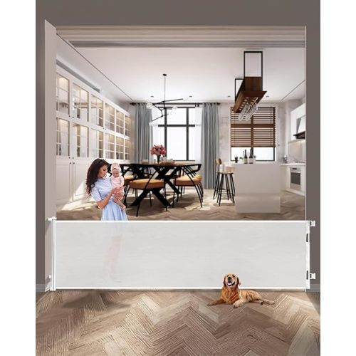 dearlomum 118 Inch Extra Wide Retractable Baby Gate,Mesh Large Baby Gate or Mesh Pet Dog Gate, Opening Wide Extra Long Child Safety Gate for Indoor Baby Fence, Outdoor, Stairs, Deck (White)