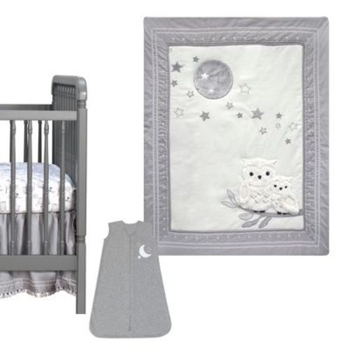 Lambs & Ivy Luna White/Gray Celestial Owl 4-Piece Nursery Baby Crib Bedding Set