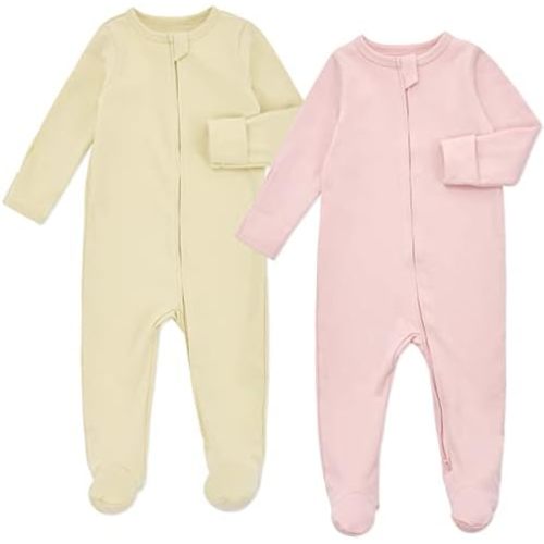 Aablexema Baby Pajamas with Feet and Mittens 2-Pack Zip Up Infant Cotton Long Sleeve Footies Sleep and Play