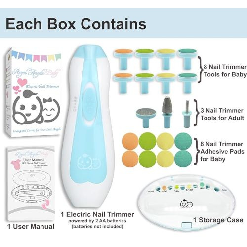Royal Angels Baby Nail Trimmer 21 in 1, Safe Electric Baby Nail Buffer, Extra 13 Replacement Tools, Baby Nail Kit, Baby Nail Clippers, Newborn Toddler Toes and Fingernails, Trim and Polish (Blue)
