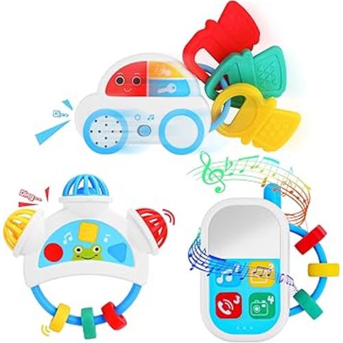 Baby Sensory Toys - 3PCS Baby Rattle Teething Toys Kits with Music, Infant Newborn Montessori Toys for Boys Girls 0-18 Months, Toddler Travel Toys Christmas