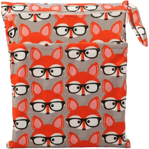 Sigzagor Medium Wet Dry Bag Baby Cloth Diaper Nappy Insert Bag Reusable Washable With Two Zippered Pockets (Glasses Fox)