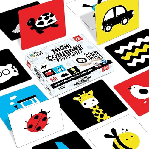 High Contrast Flashcards for 0-12 Months - Black, White & Primary Colors for Visual Stimulation | 60 Large Pictures for Newborn Babies & Infants, Gifts, Travel Friendly