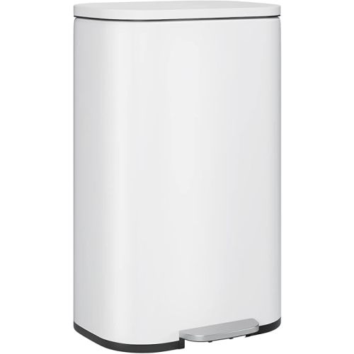 FINETONES Trash Can, Stainless Steel Garbage Can with Silent Lid, Durable Pedal & Inner Bucket, Pedal Garbage Bin for Kitchen Inside Outside (50L, White)