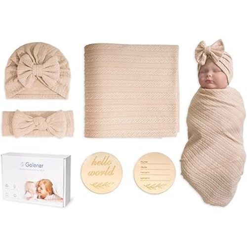 Baby Swaddle Set Newborn - Receiving Headband Blankets and Bow Hat,Newborn Essentials, Soft Nursery Swaddling Blankets,Stretchy Baby Blankets for Girls and Boys Unisex(Light Brown)