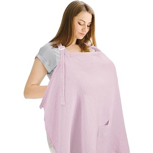Cherub Privacy Muslin Nursing Cover for Breastfeeding, New Pocket Design Breastfeeding Cover with Portable Carring Bag, Soft, Breathable (Purple)