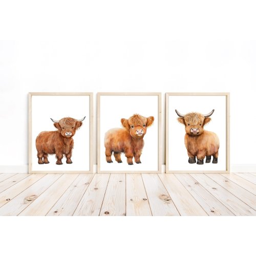Watercolor Highland Cow Rustic Farm Nursery Decor Set of 3 Unframed Farmhouse Farm Baby Calf Prints