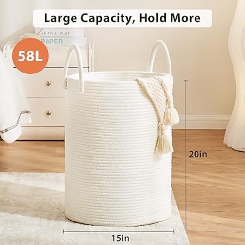Fiona's magic White Woven Rope Laundry Basket, 58L Tall Laundry Basket for Blanket Storage, Large Baby Nursery Hamper for Laundry, Decorative Clothes Hamper for Bedroom, Living Room - Beige - Tall(58L)