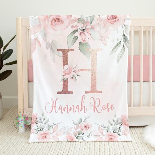 Blush Pink Floral Blanket, Pink Watercolor Flowers Rose Gold Name Blanket, Monogram Baby Girl Personalized Blanket, Baby Shower Gift B1433