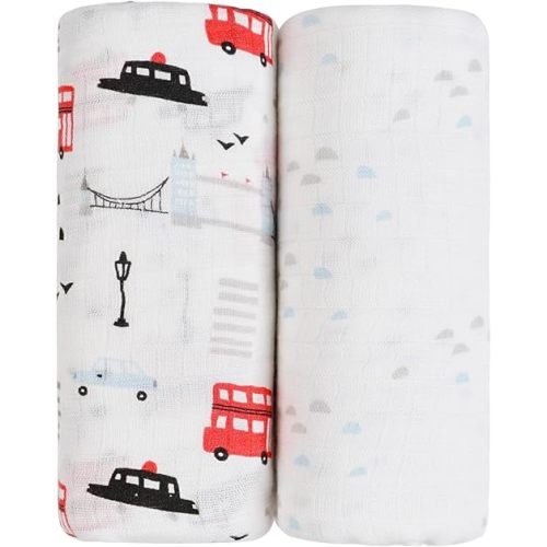 Softan 2 Pack Muslin Swaddle Blankets for Newborn, 36 x 40 inches Muslin Baby Receiving Blankets for Boys and Girls,Baby Newborn Gifts (London City Trucks)