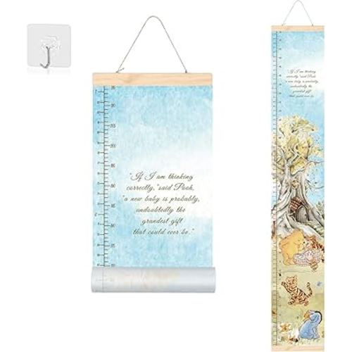 Winnie Canvas Growth for Baby Boy and Girl Nursery or Toddler Room Wall Decor for Kids Removablr Roll Up Height Chart with Wooden Frame