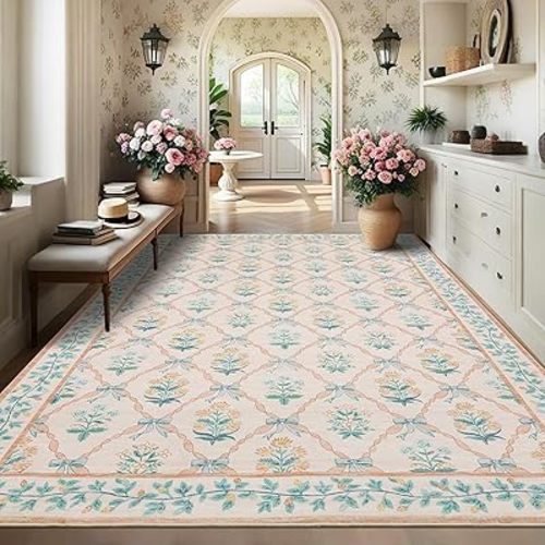 8x10 Rugs for Living Room, Pink Washable Area Rug for Bedroom Girl with Coquette Bow Floral Pattern Non Slip Low-Pile Stain Resistant Large Throw Carpet for Dining Room Dorm Nursery, Pink