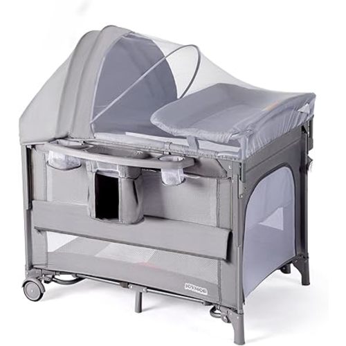 JOYMOR 9 in 1 Bedside Bassinet with Changing Table, Pack and Play with Bassinet, Convert to Rocking Bassinet with Electric Music Center, Mosquito Net, Toy, Storage (Gray)