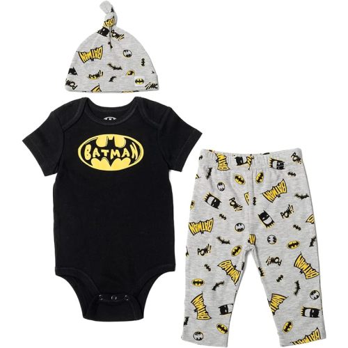 DC Comics Batman Baby 3 Piece Outfit Set: Cuddly Bodysuit Pants Hat - 3-6 Months