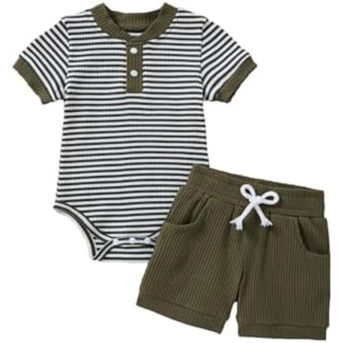 Baby Boy Outfits Ribbed Short Sleeve Striped Romper Top Solid Shorts with Pocket Baby Boy Summer Clothes 0-18M
