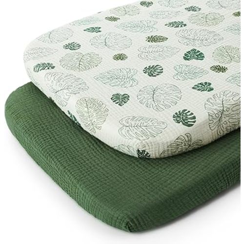 Blissful Diary Muslin Bassinet Sheets for Baby Girls Boys, Boho Soft Cotton Fitted for Oval Hourglass Rectangle Mattress, 2 Pack(Monstera&Dark Green)