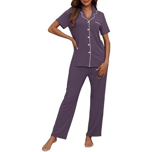 Womens Pajamas Sets 2 Piece Button Up Pj Sets Short Sleeve with Long Pant