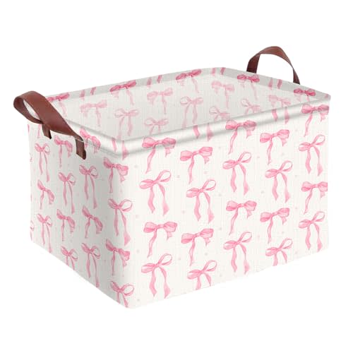 Pink Bow Storage Basket Waterproof Canvas Toy Storage Bin Coquette Room Decor Collapsible Outdoor Basket with Leather Handles Pink Bow Room Decor Blanket Baskets For Closets,Bedrooms,Gifts Baskets