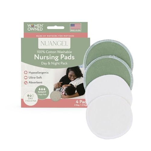 NuAngel Day & Night Reusable Nursing Pads for Breastfeeding, 100% Cotton—Day 4‑Layer, Night 8‑Layer Overnight Protection – 4 Pack (Natural/Sage)