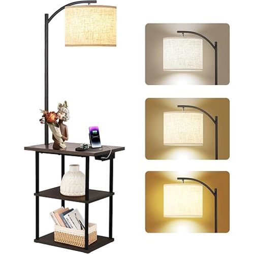 PESRAE Floor Lamp with Table, End Table with Charging Station(USB & Type-C & AC Port), 3 Color Temperatures 9W LED Bulb, Modern Shelves Side Table for Bedroom, Living Room