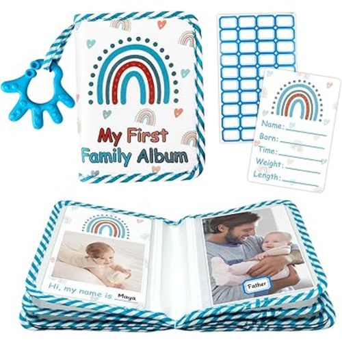 My First Family Photo Album for Baby, 4x6" Baby Photo Albums, Soft Toddler Photo Album with Milestone & Large Safety Mirror, Personalized Kids Baby Shower Gifts(Blue Hand)