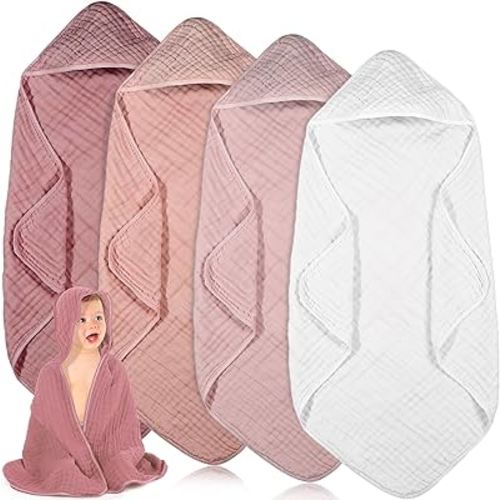 Peryiter 4 Pcs Muslin Hooded Baby Towels,32"x 32" Cotton Newborn Bath Towel Muslin Infant Baby Towels Absorbent Unisex Hooded Blankets,Newborn Registry Baby Gift for Girls Boys (Light Pink)
