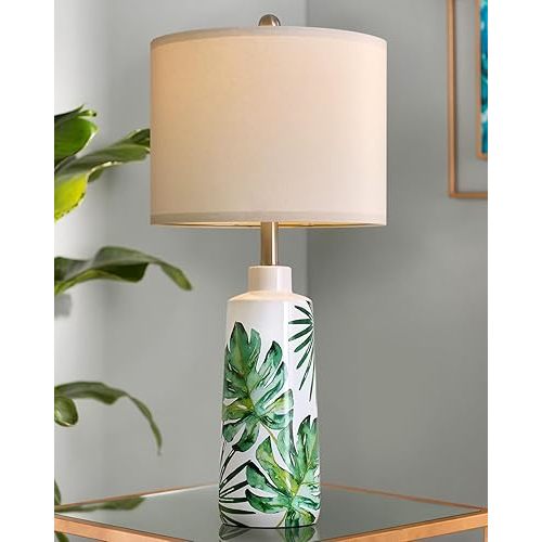 PoKat 28'' Green Table Lamp for Living Room - Modern Ceramic Living Room Lamp for Night Stands, Farmhosue Bedside Lamps, Tall Table Lamp for Bedroom, White and Green Leaf
