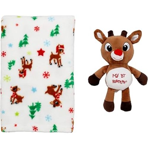 2-Piece Cuddle Plush Rattle and Baby Blanket Gift Set, My First Rudolph, Christmas Print (30 in. x 34 in.)