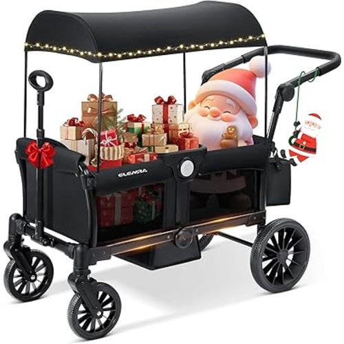 ELEMARA Stroller Wagon for 2 Kids, Foldable Wagon Stroller, Premium All Terrain Wagon for Kids, Kids Wagon Cart w/Removable Canopy, Adjustable Push/Pull Handle, Harnesses, Large Storage Bag, Black