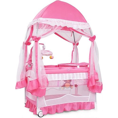 BABY JOY 4 in 1 Pack and Play with Canopy, Portable Baby Playard with Bassinet, Double-Layer Baby Crib, Wheels & Brake, Foldable Baby Girl Pink Bassinet from Newborn to Toddler