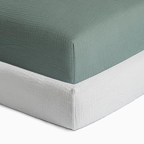 Meracorallo Muslin Fitted Crib Sheets, 2 Pack Soft Breathable Cotton Baby Crib Sheet, Neutral Crib Sheet for Baby Boys and Girls, Fits Standard Crib Mattress 28''x52'' (Green & Gray)