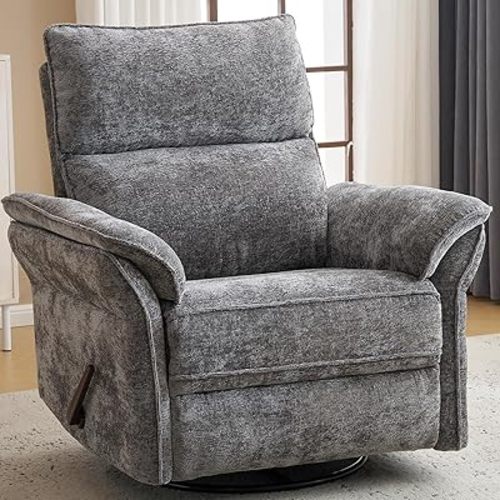 Oversized Rocking Chair Nursery with Adjustable Headrest, 26" Extra Wide Glider Recliner Nursery Chair for Nursery, 360° Swivel Rocker Recliner with Overstuffed Armrest,FSC Certified, Dark Grey
