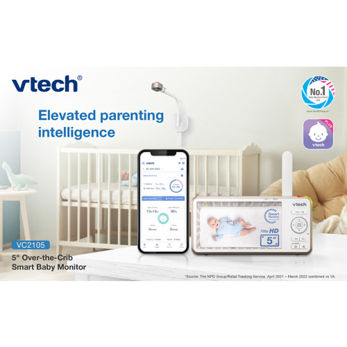 VTech VC2105 V-Care 1080p FHD Over-the-Crib Wifi Smart Baby Monitor with 5" 720p HD LCD Screen. Remote Access, Intelligence Built-In, Sleep Analysis, Rollover & Face Cover Detection, 18 hrs. Recording