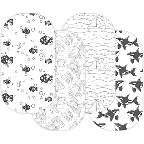 TansyPanda Bassinet Sheets for Dream On Me Karley, Lacy, Small Regalo Basics, Baby Delight Slumber, Snuggle Nest, Graco Carry Cot, 4PC, 16 x 32, Ultra Soft, Unisex Boys Girls, Gray (Ocean Fish Theme)