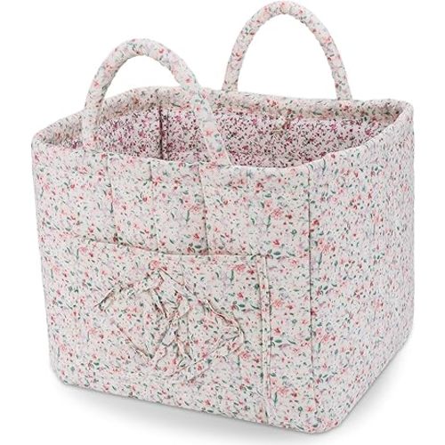 Storage Basket Boho Fabric Large Collapsible Floral Laundry Nursery Hamper Portable Folding Storage for Clothes Toys (Green Floral)