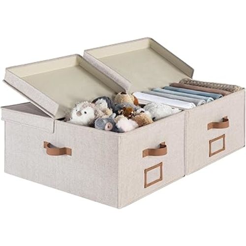 StorageWorks Extra Large Storage Bins with Lids, 55L Decorative Organizer with Divider Board, Fabric Boxes with Handles, Mixing of Brown & Beige, 2-Pack