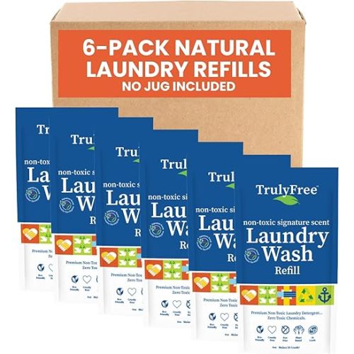 Truly Free Laundry Detergent for Sensitive Skin | Gentle & Safe for Baby Clothes | Plant-Based | 6 Pack Refill Powder | Easy to Dissolve to Create a Liquid | Signature Scent (300 Loads)