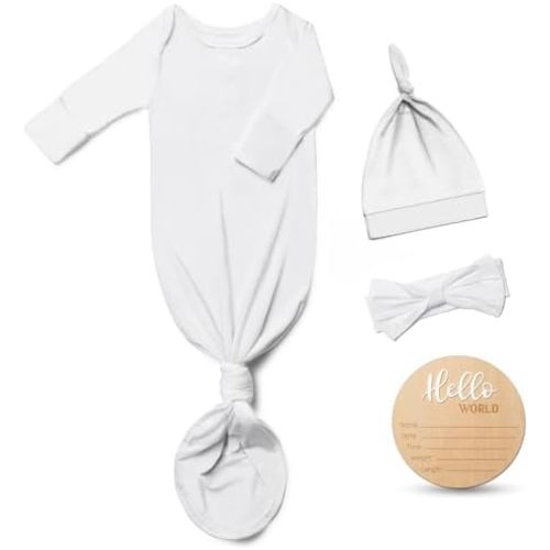 Hello World Newborn Knotted Gown 0-3 Months, Coming Home Outfit Baby Bamboo Viscose Sleeper with Hat,Headband,Wooden Sign