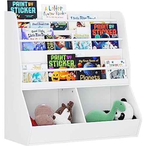 UTEX kids Bookshelf and Toy Storage Cabinet, kids Bookcase Organizer and Cubby, Kids Bookshelf Display Stand, Kids Book Rack for Kids Room, Classroom, Nursery, White