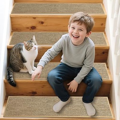 Stair Treads Non Slip Indoor 15 Pack, Stair Runners for Wooden Steps, Reusable Indoor Carpet Stair Mat, Peel and Stick Stair Treads, Machine Washable, 30 x 8 Inch (Brown)